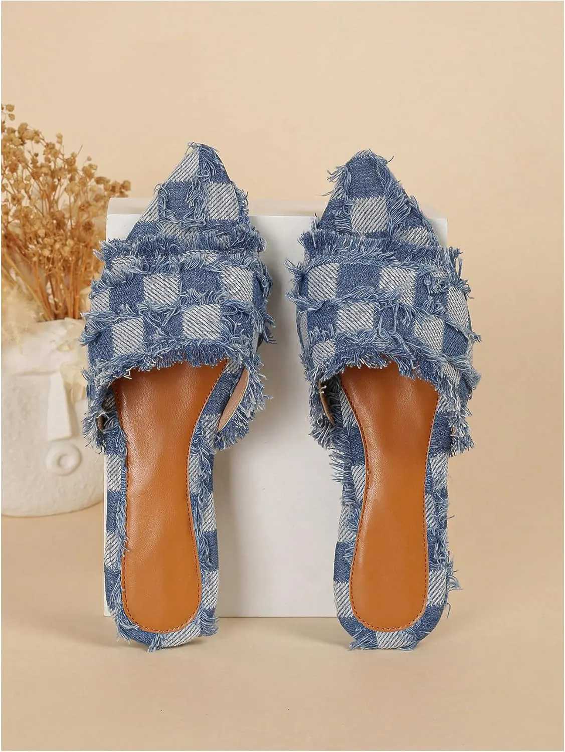 Verdusa Women's Pointed Toe Denim Flat Sandals Open Toess Slip On Summer Flats