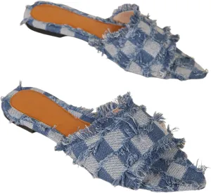 Verdusa Women's Pointed Toe Denim Flat Sandals Open Toess Slip On Summer Flats