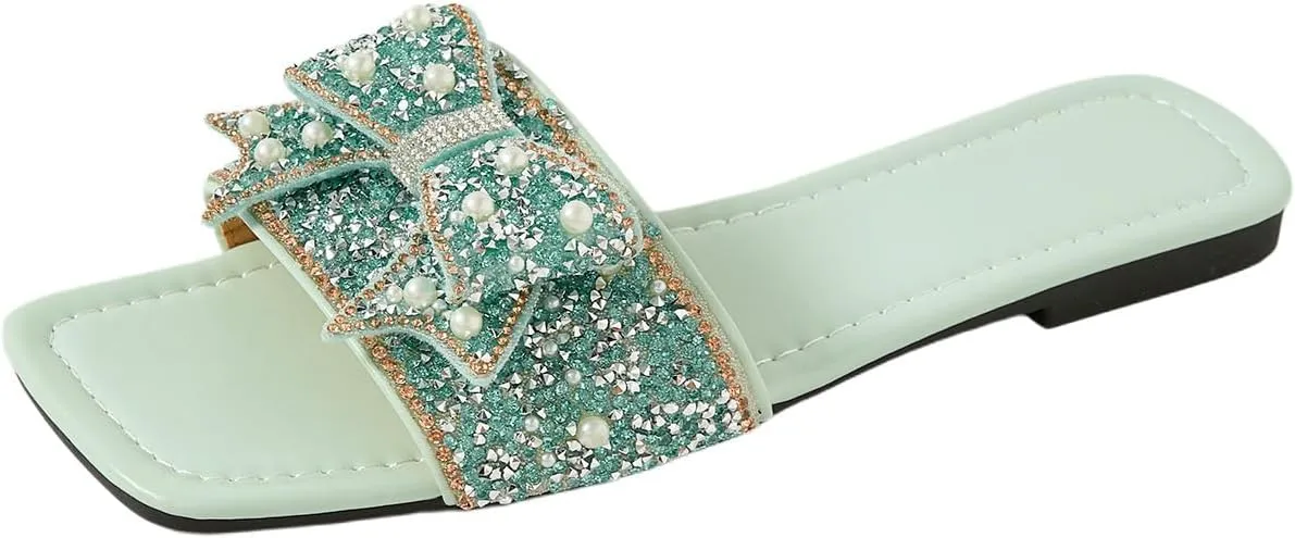 Verdusa Women's Rhinestone peals Bow Leather Flat Sandals Slip on Open Toe Sandals