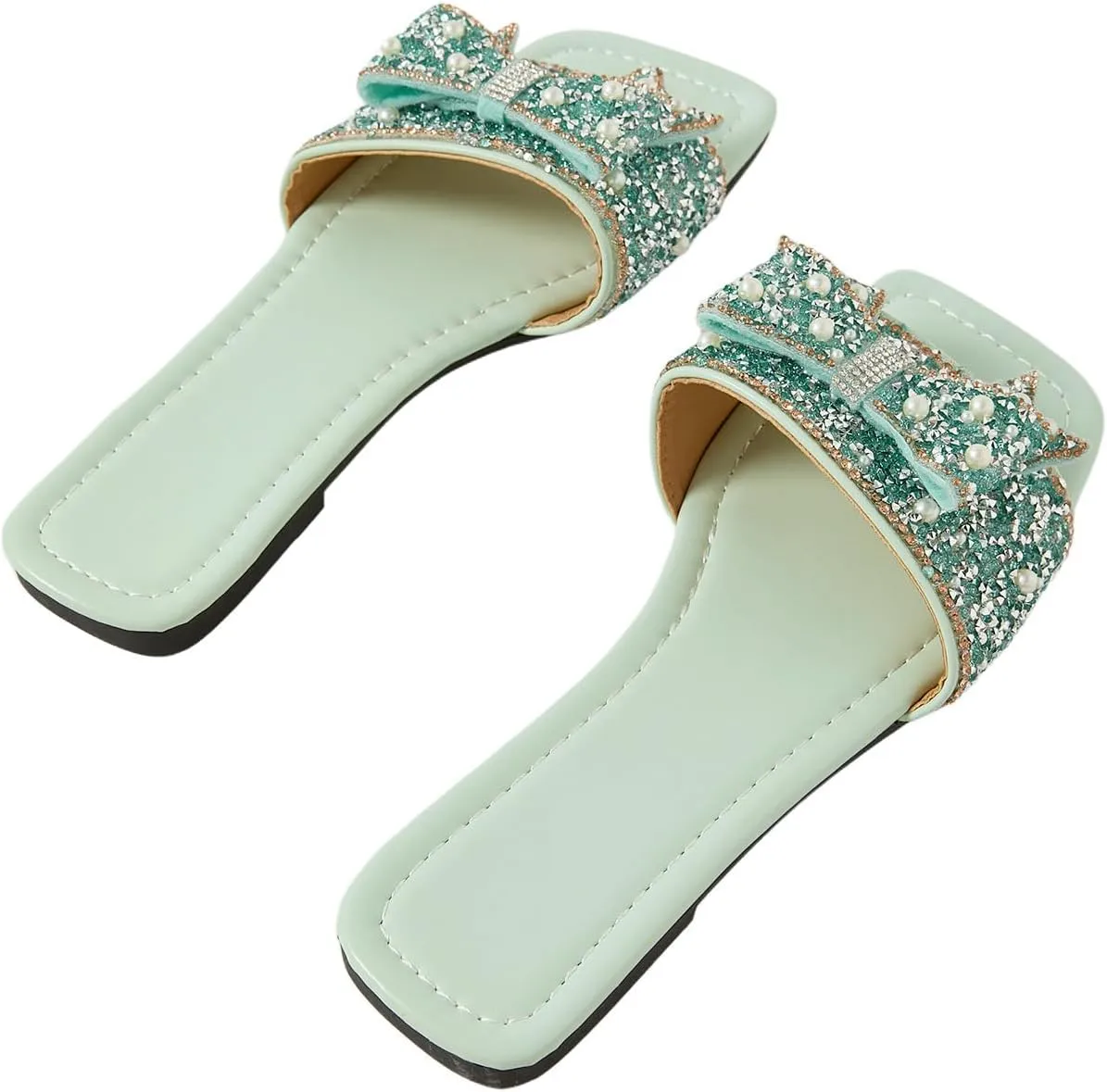 Verdusa Women's Rhinestone peals Bow Leather Flat Sandals Slip on Open Toe Sandals