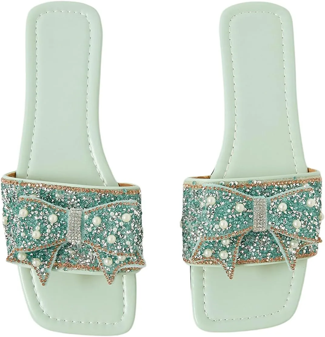 Verdusa Women's Rhinestone peals Bow Leather Flat Sandals Slip on Open Toe Sandals