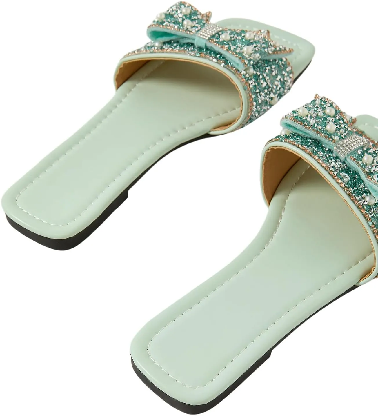 Verdusa Women's Rhinestone peals Bow Leather Flat Sandals Slip on Open Toe Sandals