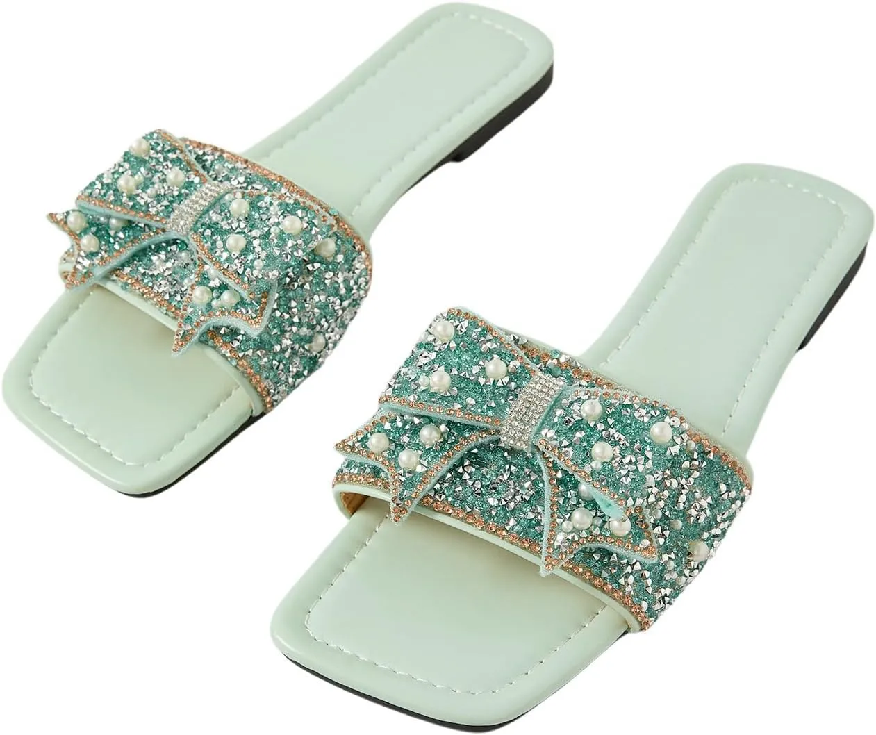 Verdusa Women's Rhinestone peals Bow Leather Flat Sandals Slip on Open Toe Sandals