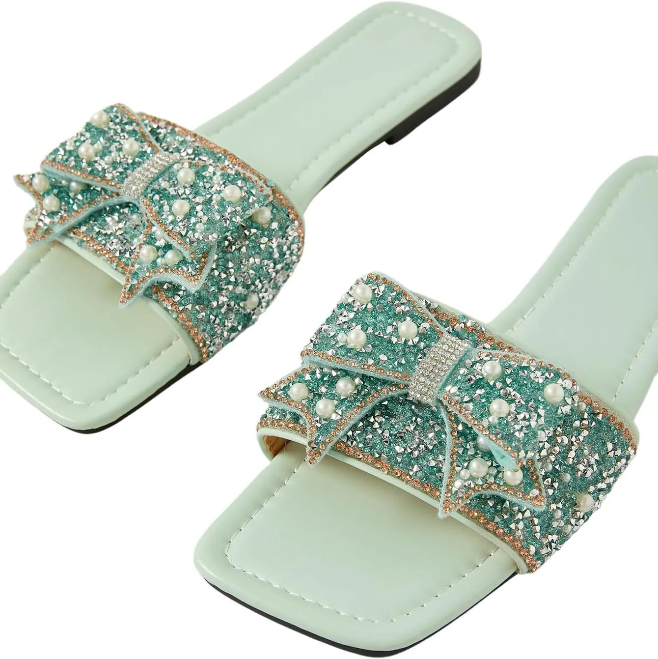 Verdusa Women's Rhinestone peals Bow Leather Flat Sandals Slip on Open Toe Sandals