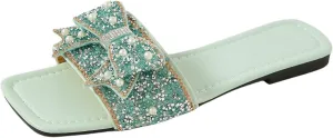 Verdusa Women's Rhinestone peals Bow Leather Flat Sandals Slip on Open Toe Sandals
