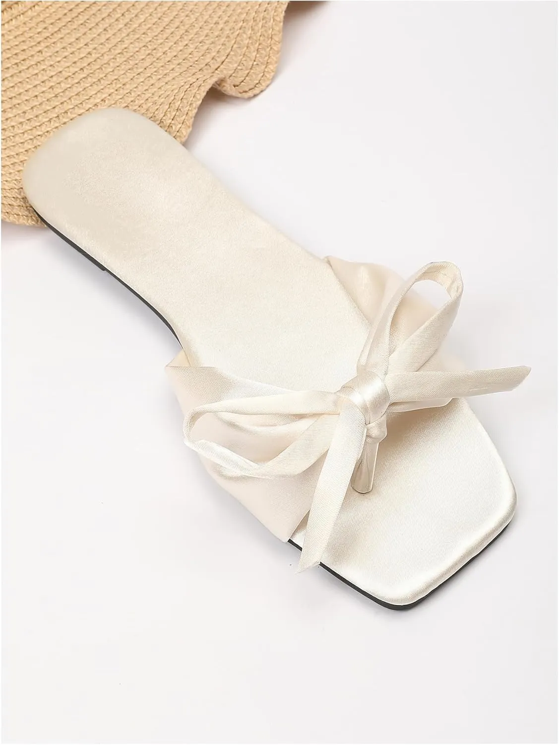 Verdusa Women's Summer Flat Sandals Square Toe Coquette Bow Sandals Slip on Slippers