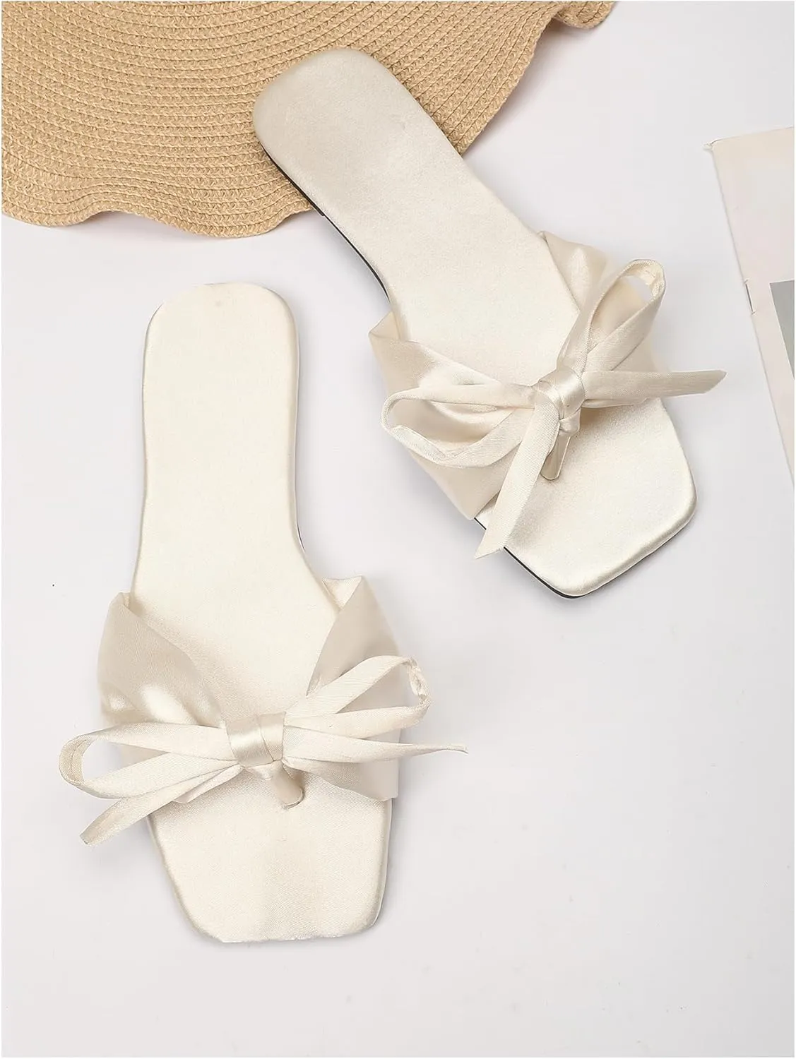 Verdusa Women's Summer Flat Sandals Square Toe Coquette Bow Sandals Slip on Slippers