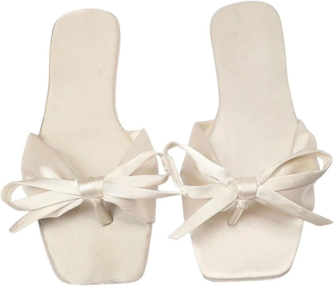 Verdusa Women's Summer Flat Sandals Square Toe Coquette Bow Sandals Slip on Slippers