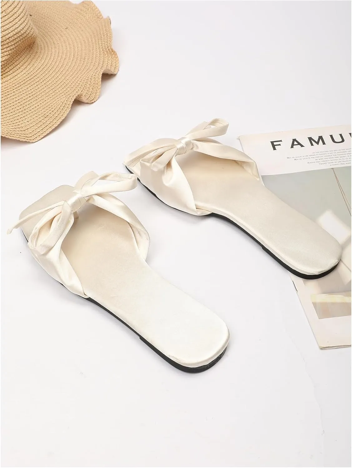 Verdusa Women's Summer Flat Sandals Square Toe Coquette Bow Sandals Slip on Slippers