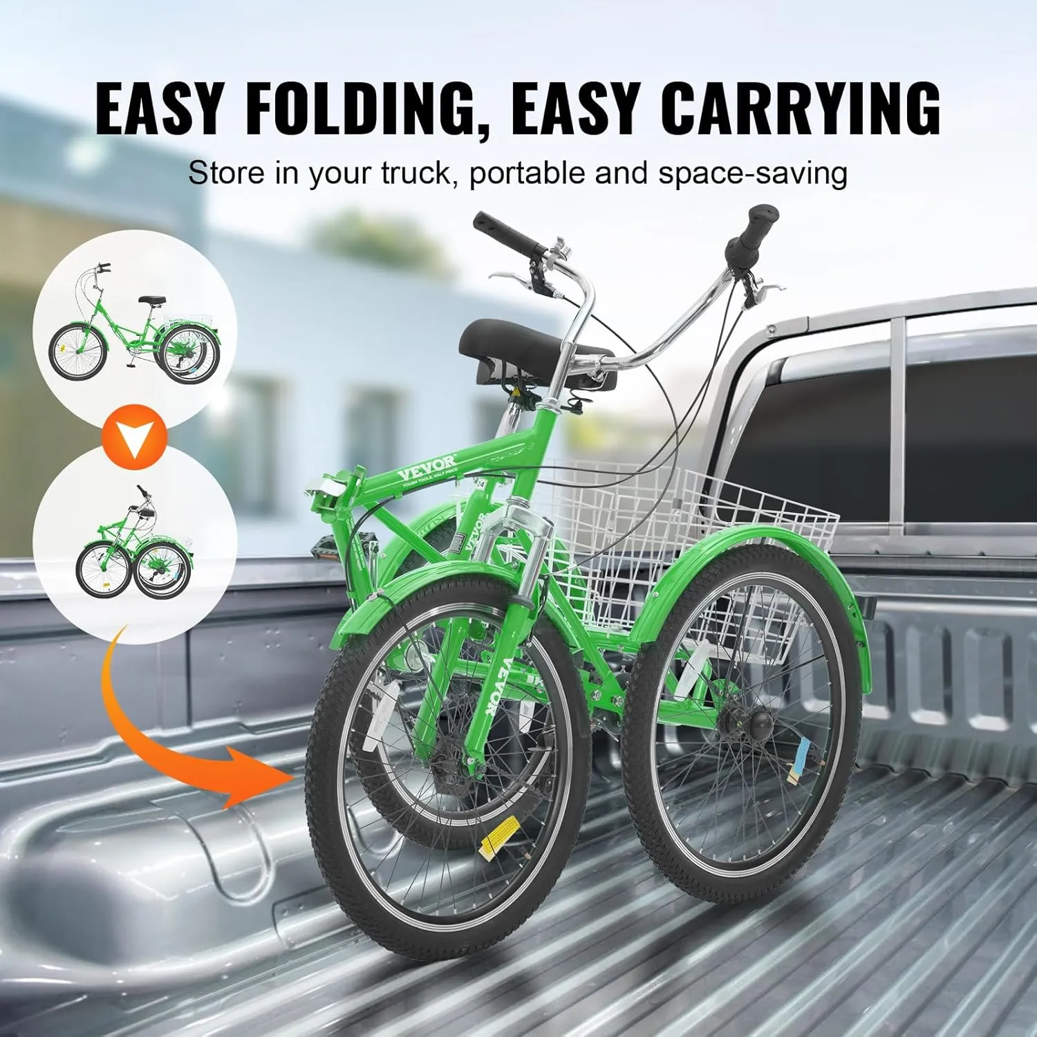 VEVOR Folding Adult Tricycle, Adult Folding Trikes, Carbon Steel 3 Wheel Tricycle with Large Basket & Adjustable Seat, Shopping Picnic Foldable Tricycles for Women, Men, Seniors