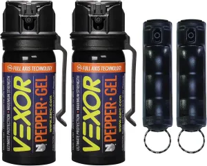Vexor Pepper Protection Bundle - 2 Full Axis Gel with Belt Clip, 18 Ft. Range   2 Pack Police Strength Flip-Top Spray, 20  Shots, 10-12 Ft. Range