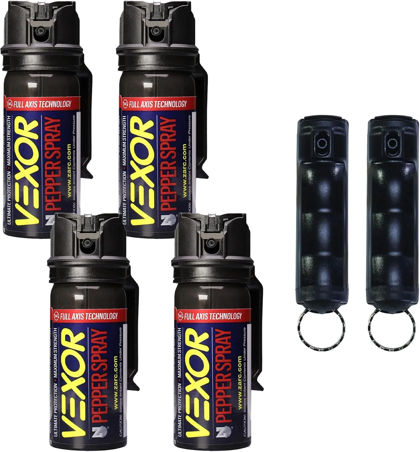 Vexor Pepper Spray 6 Pack Bundle - 4 Full Axis with Belt Clip Self Defense Police Strength, 20 Ft. Range   2 Pack Flip-Top Finger Grip, 20  Shots, 10-12 Ft. Range