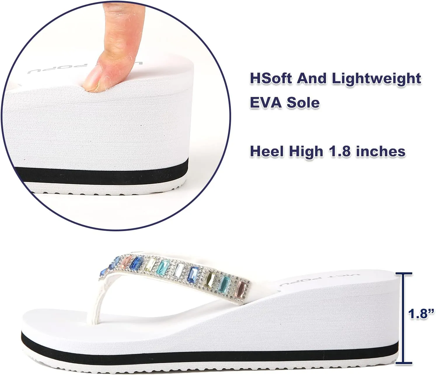 VICT POPU Flip Flops Sandals for Women Bling Rhinestones Jewel High Heel Arch Support Comfortable Soft Cushion Wedge Slip-on Casual Platform Summer Thong Sandals