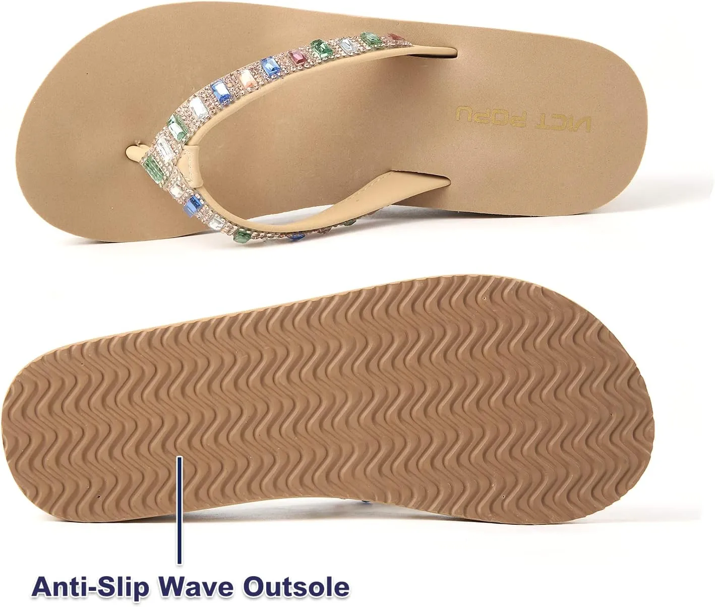 VICT POPU Flip Flops Sandals for Women Bling Rhinestones Jewel High Heel Arch Support Comfortable Soft Cushion Wedge Slip-on Casual Platform Summer Thong Sandals