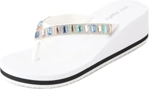 VICT POPU Flip Flops Sandals for Women Bling Rhinestones Jewel High Heel Arch Support Comfortable Soft Cushion Wedge Slip-on Casual Platform Summer Thong Sandals