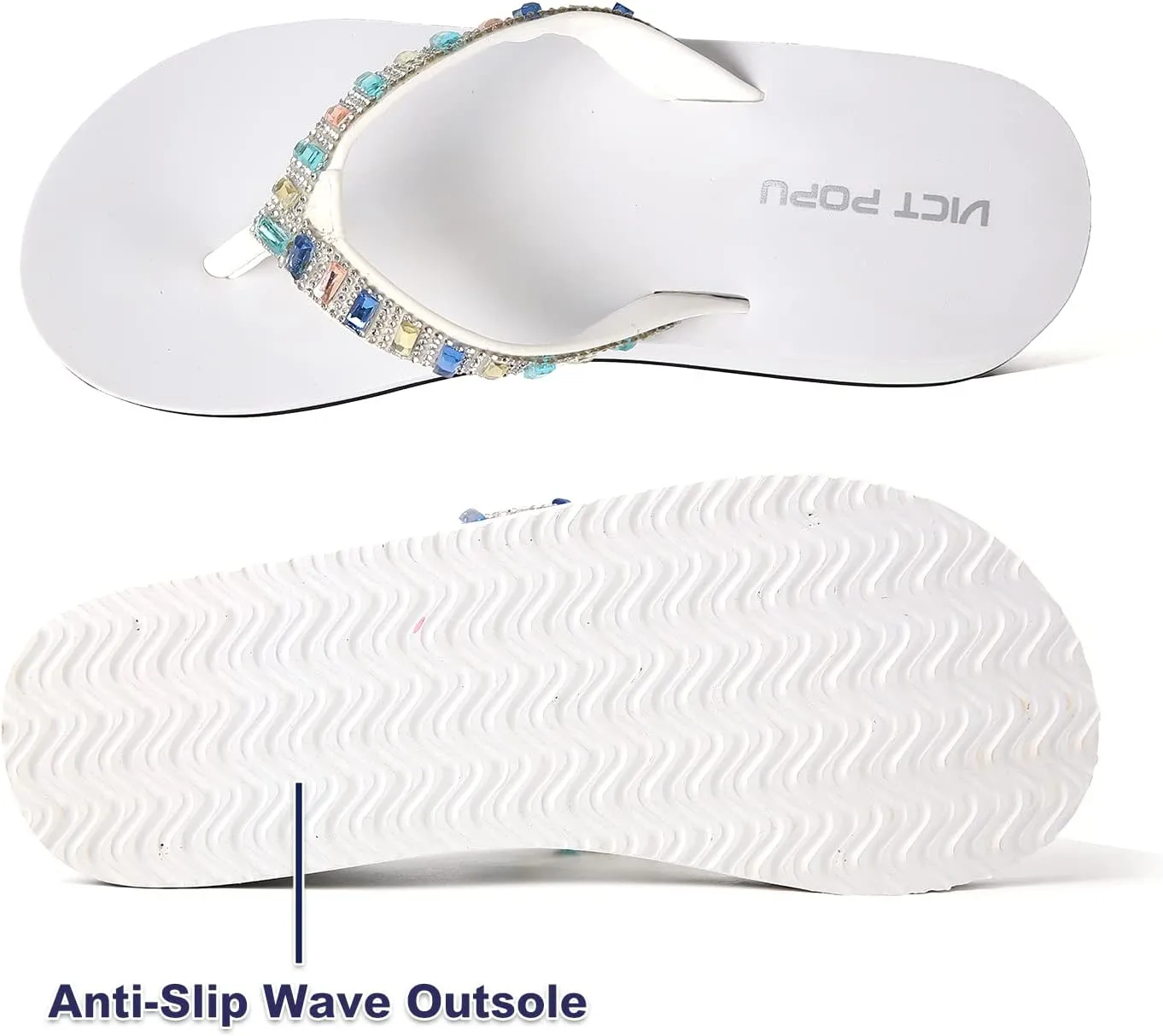 VICT POPU Flip Flops Sandals for Women Bling Rhinestones Jewel High Heel Arch Support Comfortable Soft Cushion Wedge Slip-on Casual Platform Summer Thong Sandals
