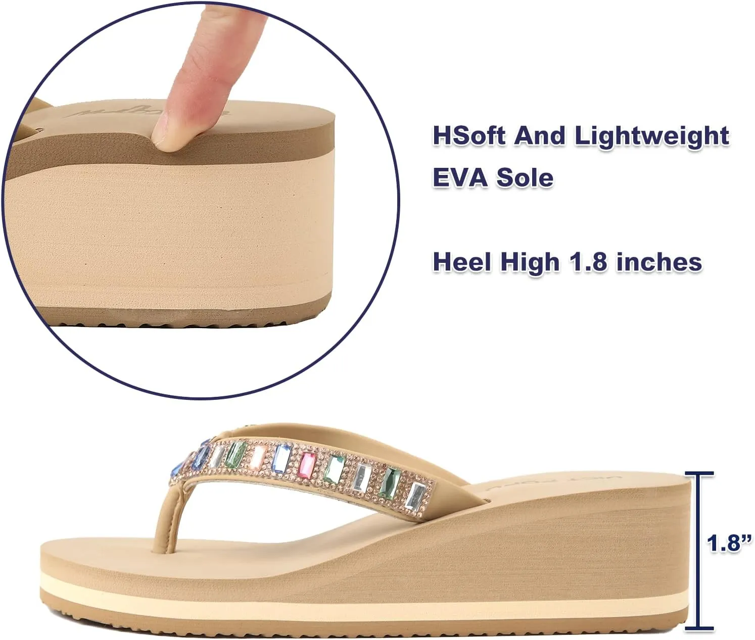 VICT POPU Flip Flops Sandals for Women Bling Rhinestones Jewel High Heel Arch Support Comfortable Soft Cushion Wedge Slip-on Casual Platform Summer Thong Sandals