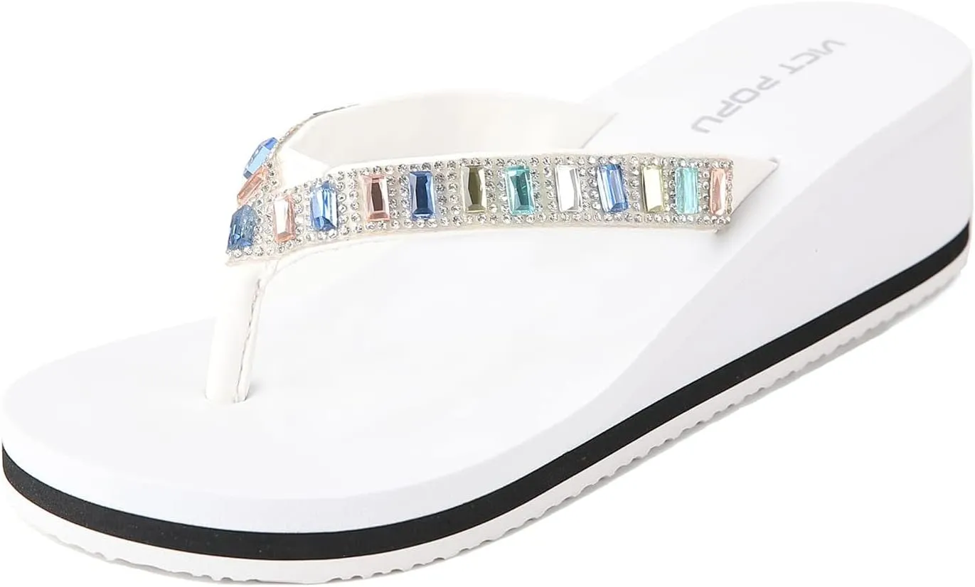 VICT POPU Flip Flops Sandals for Women Bling Rhinestones Jewel High Heel Arch Support Comfortable Soft Cushion Wedge Slip-on Casual Platform Summer Thong Sandals