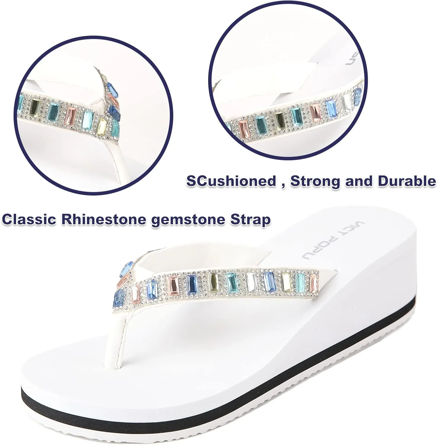VICT POPU Flip Flops Sandals for Women Bling Rhinestones Jewel High Heel Arch Support Comfortable Soft Cushion Wedge Slip-on Casual Platform Summer Thong Sandals