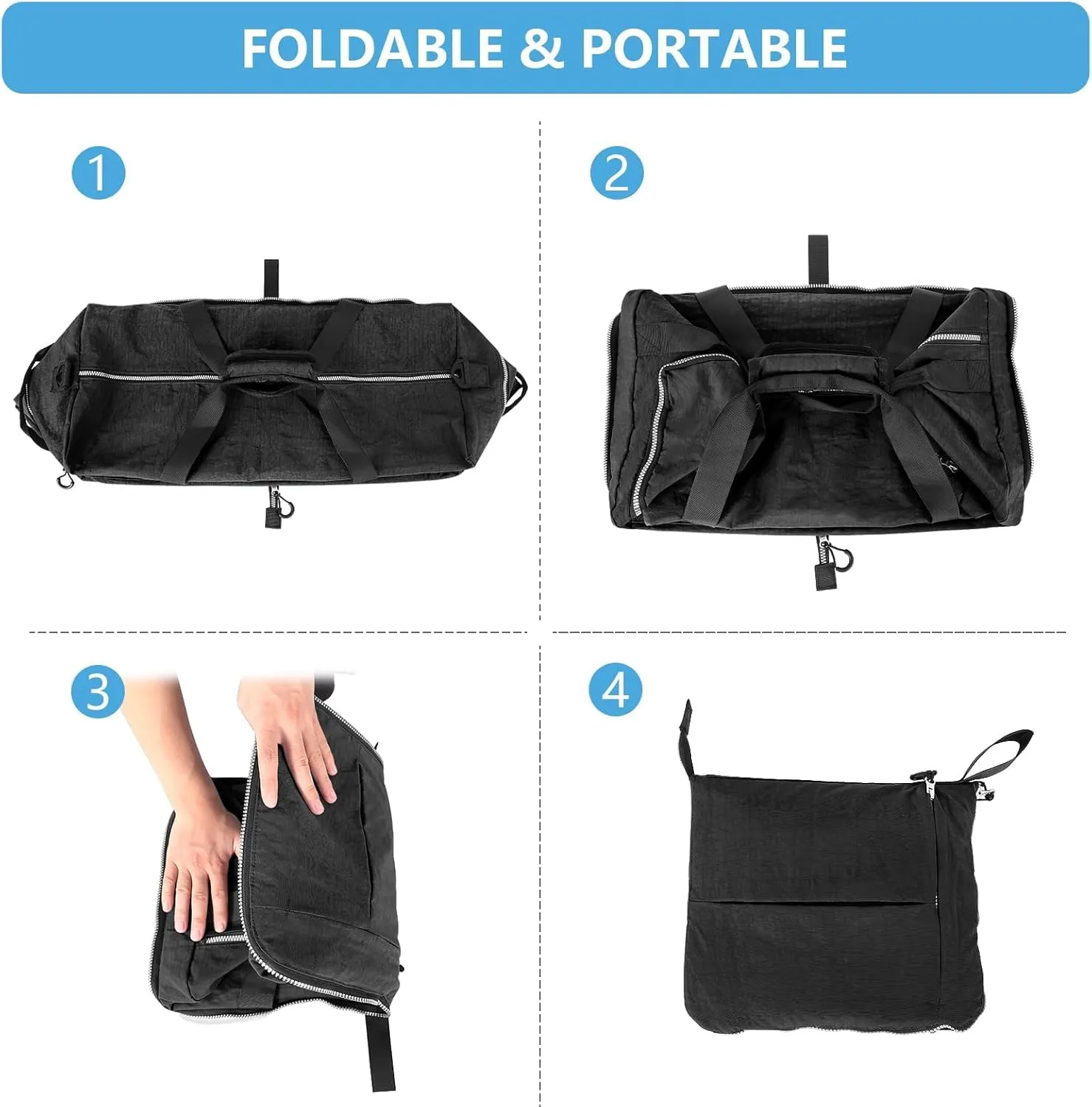 Vomgomfom 85L Foldable Nylon Travel Duffle Bag with Separate Shoe Compartment, Multiple Pockets, Thickened Base, Removable Strap & Handle,Black