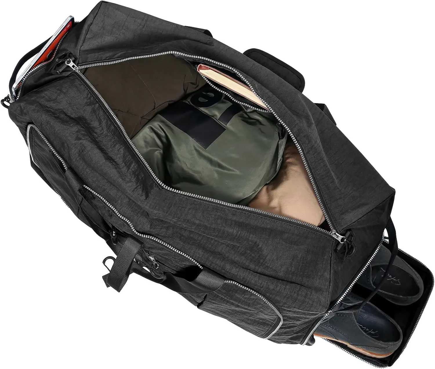 Vomgomfom 85L Foldable Nylon Travel Duffle Bag with Separate Shoe Compartment, Multiple Pockets, Thickened Base, Removable Strap & Handle,Black