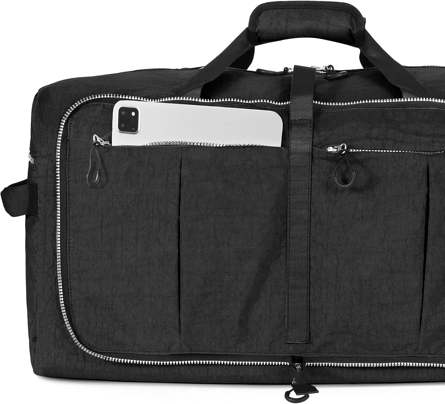 Vomgomfom 85L Foldable Nylon Travel Duffle Bag with Separate Shoe Compartment, Multiple Pockets, Thickened Base, Removable Strap & Handle,Black