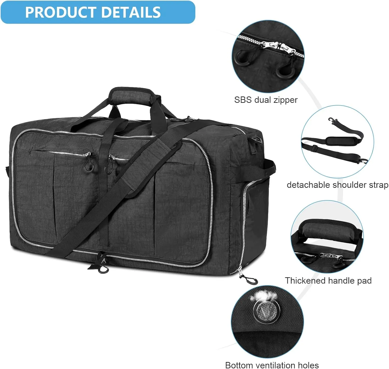 Vomgomfom 85L Foldable Nylon Travel Duffle Bag with Separate Shoe Compartment, Multiple Pockets, Thickened Base, Removable Strap & Handle,Black