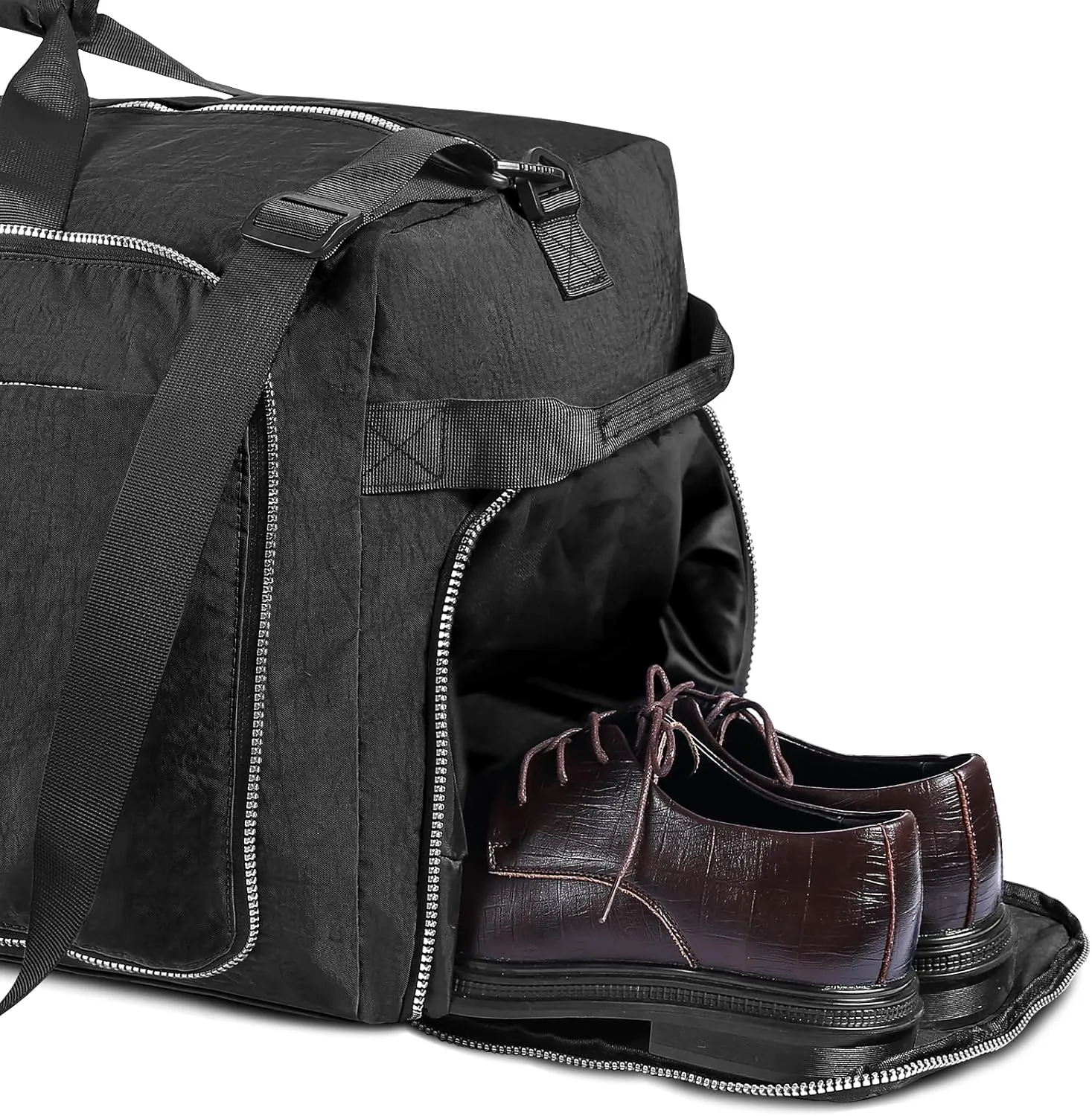 Vomgomfom 85L Foldable Nylon Travel Duffle Bag with Separate Shoe Compartment, Multiple Pockets, Thickened Base, Removable Strap & Handle,Black