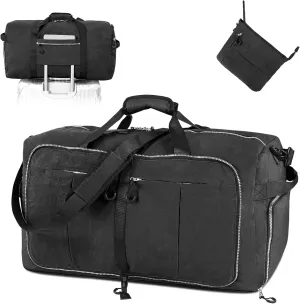 Vomgomfom 85L Foldable Nylon Travel Duffle Bag with Separate Shoe Compartment, Multiple Pockets, Thickened Base, Removable Strap & Handle,Black