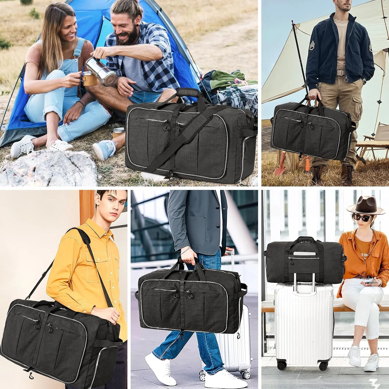 Vomgomfom 85L Foldable Nylon Travel Duffle Bag with Separate Shoe Compartment, Multiple Pockets, Thickened Base, Removable Strap & Handle,Black