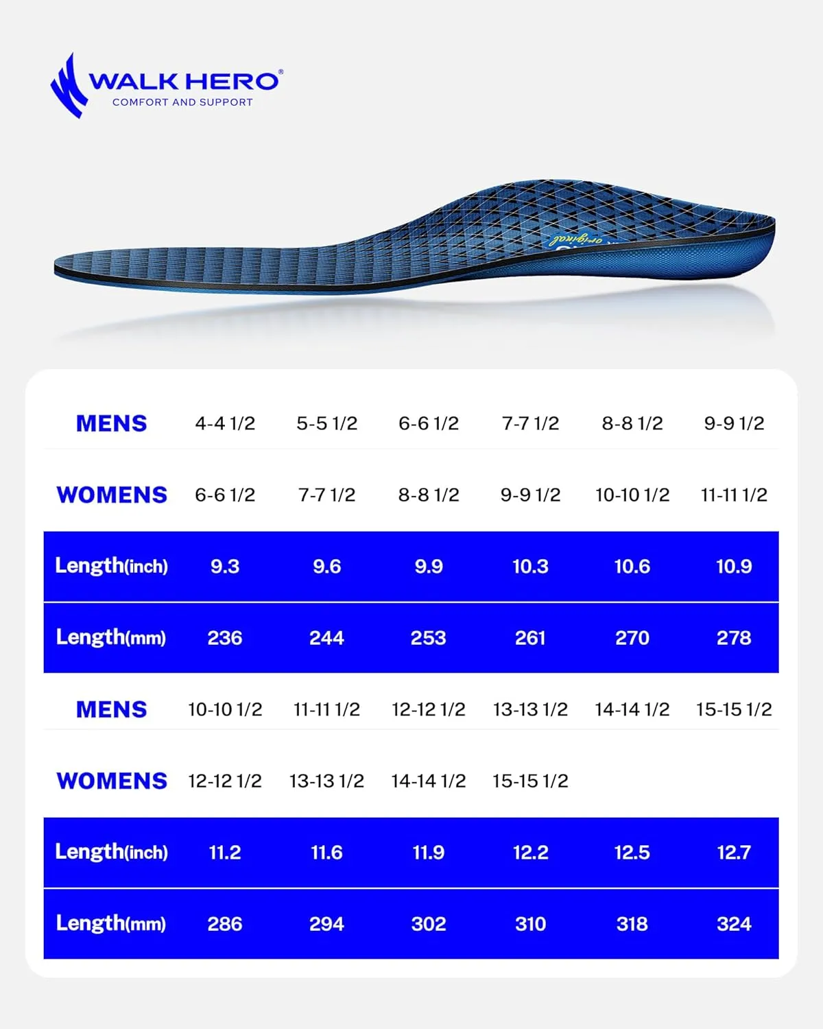 Walkhero Orthotic Inserts for Plantar Fasciitis, Arch Support Insoles for Everyday Comfort and Support, Relieve Foot Pain and Flat Foot (Mens 9-9 1/2 | Womens 11-11 1/2 Blue)