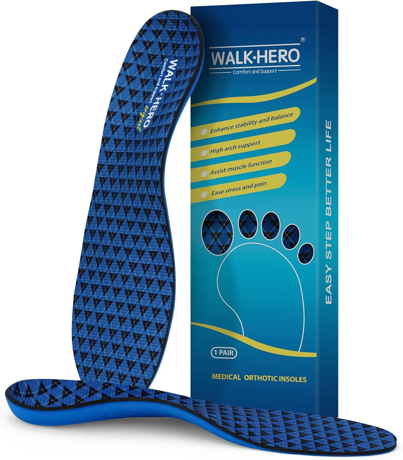 Walkhero Orthotic Inserts for Plantar Fasciitis, Arch Support Insoles for Everyday Comfort and Support, Relieve Foot Pain and Flat Foot (Mens 9-9 1/2 | Womens 11-11 1/2 Blue)