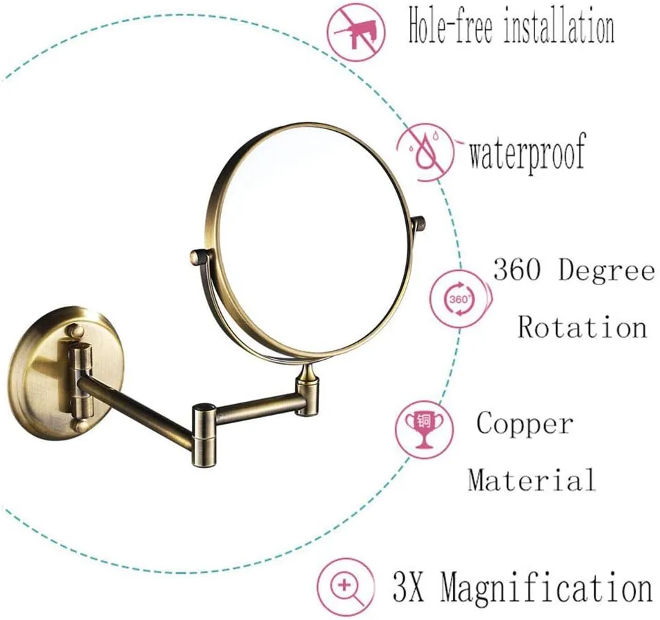 Wall Mounted Makeup Mirror with 3X Magnification, Makeup Mirror for Girls, 6 Inches, 360 Degree Swivel, Two-Sided Extendable, Bathroom and Hotel, Chrome Finish, Made of Brass ( Color : Antique Copper