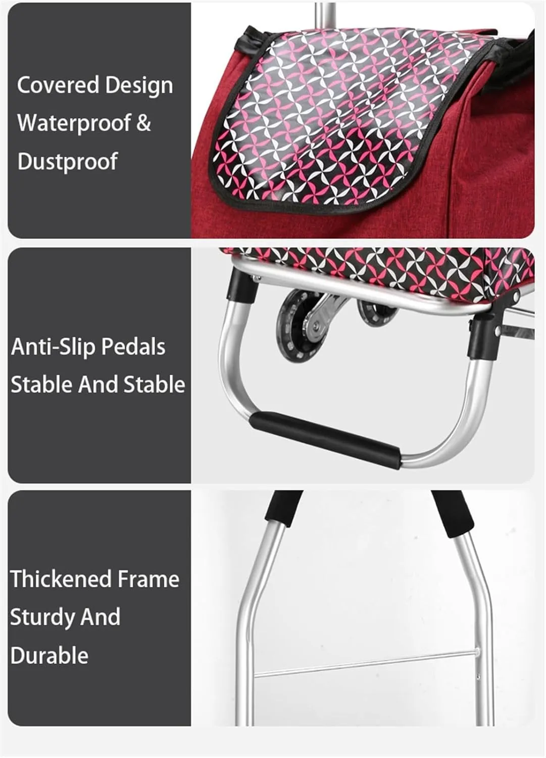 Wheeled Shopping Trolley Cart, Foldable Extended Handle Stair Climbing Wheels Removable Waterproof Bag for Shopping for The Elderly(Wine red)