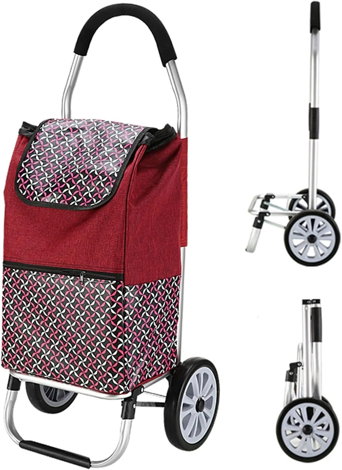 Wheeled Shopping Trolley Cart, Foldable Extended Handle Stair Climbing Wheels Removable Waterproof Bag for Shopping for The Elderly(Wine red)
