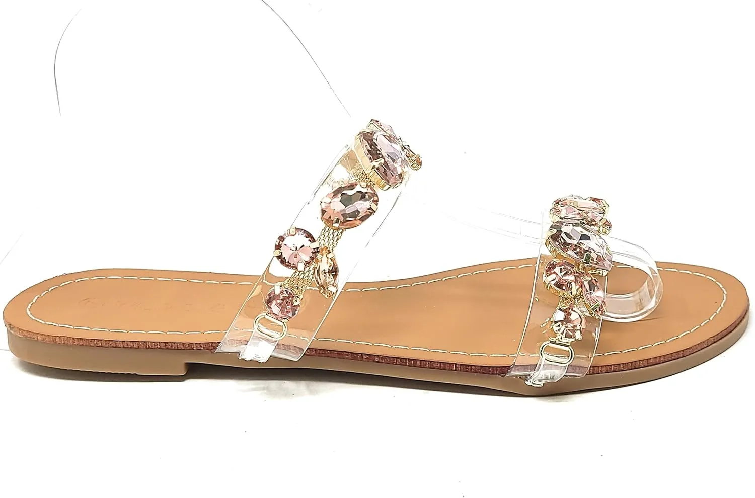 Wild Diva Womens's Rosabel-60 Rhinestone Accent Clear Straps Slip On Jeweled Flat Sandals