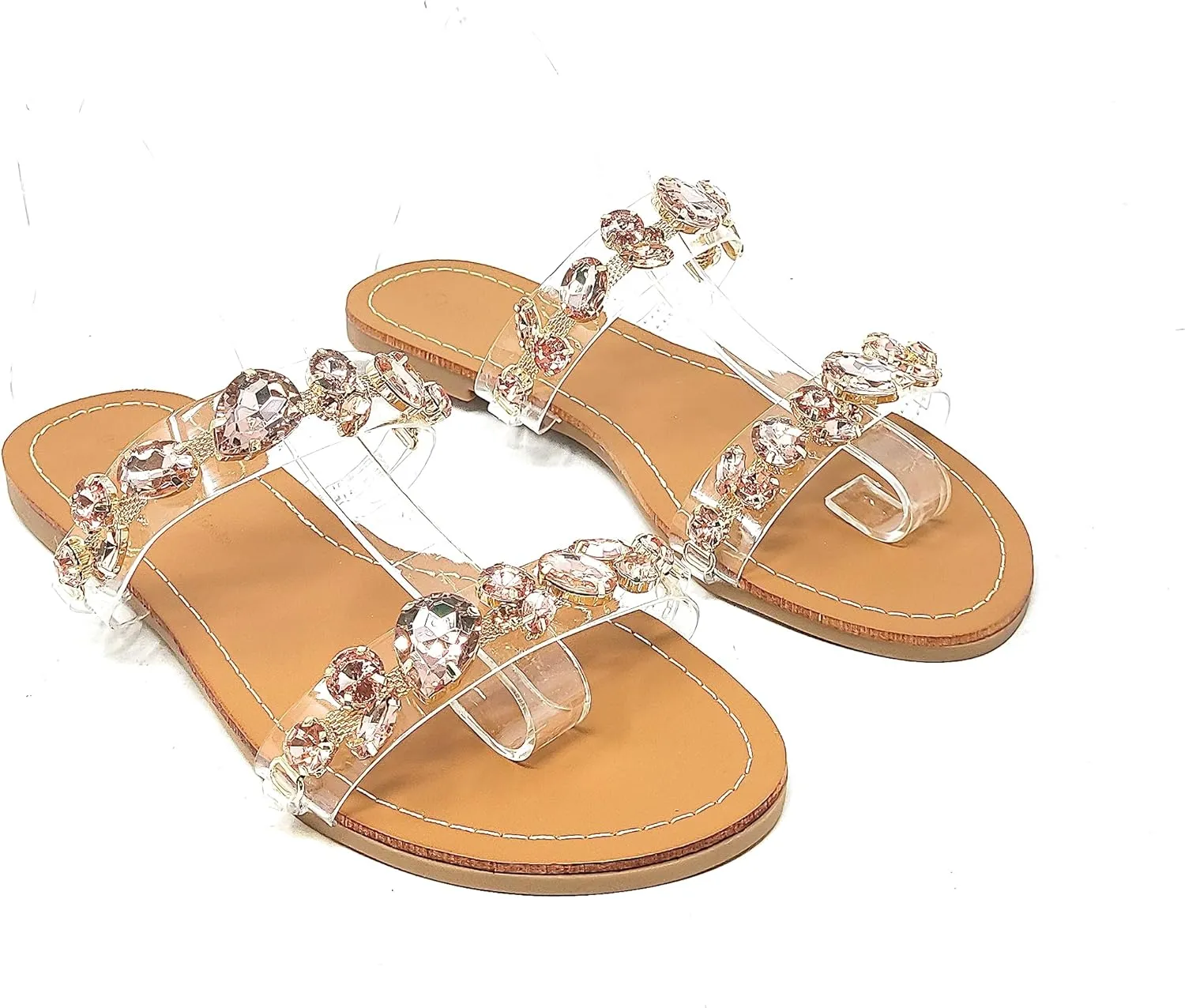 Wild Diva Womens's Rosabel-60 Rhinestone Accent Clear Straps Slip On Jeweled Flat Sandals