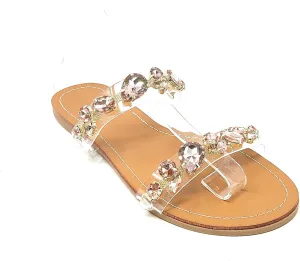 Wild Diva Womens's Rosabel-60 Rhinestone Accent Clear Straps Slip On Jeweled Flat Sandals