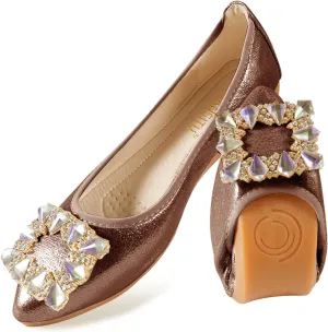 Women Ballet Flats Buckle Rhinestone Wedding Ballerina Shoes Foldable Sparkly Comfort Slip on Flat Shoes
