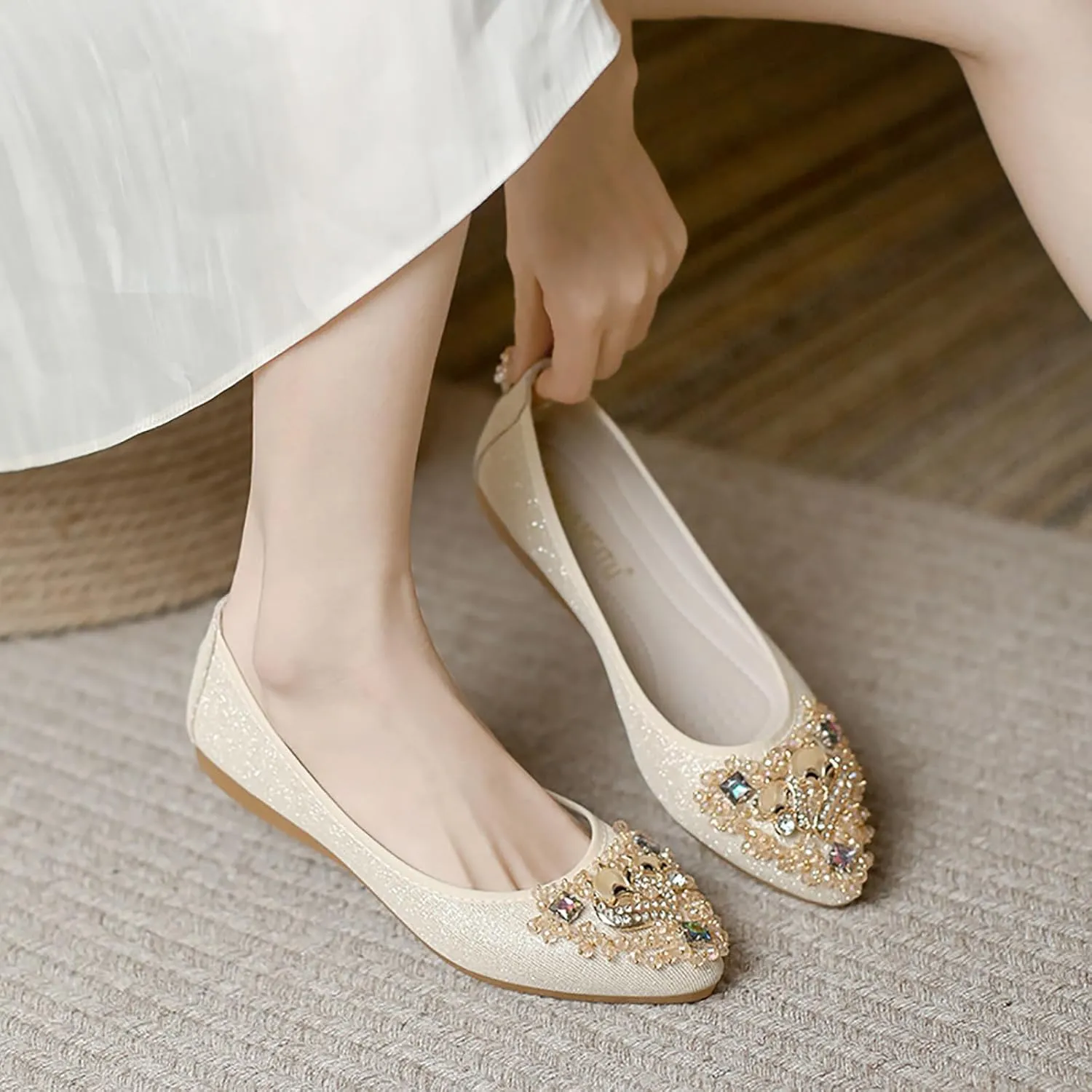 Women Ballet Flats Rhinestone Wedding Ballerina Shoes Foldable Sparkly Comfort Slip on Flat Shoes