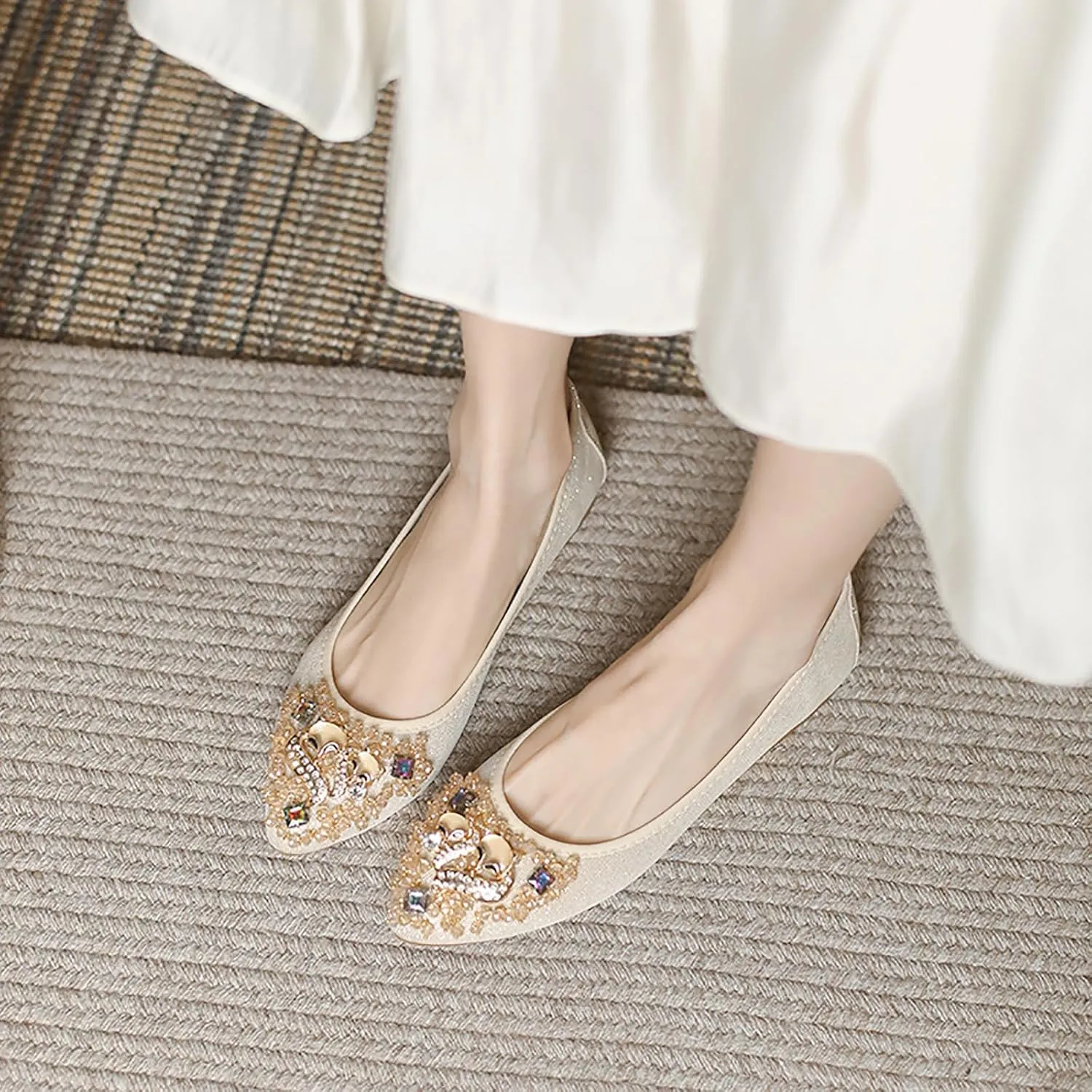 Women Ballet Flats Rhinestone Wedding Ballerina Shoes Foldable Sparkly Comfort Slip on Flat Shoes