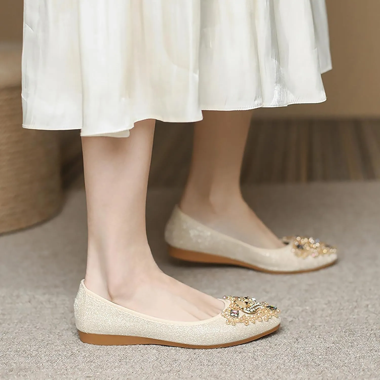 Women Ballet Flats Rhinestone Wedding Ballerina Shoes Foldable Sparkly Comfort Slip on Flat Shoes