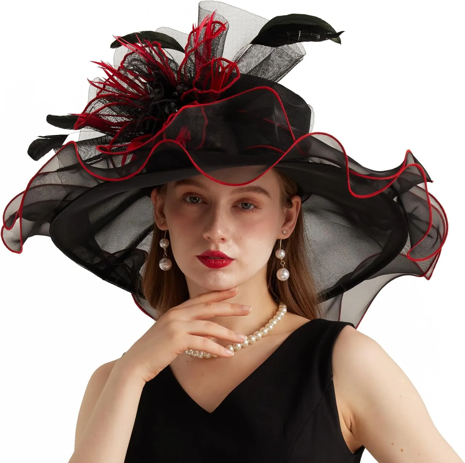 Women Organza Church Derby Hat Wide Brim Sun Caps for Wedding Tea Party Hat with Detachable hat Flower as Headgear