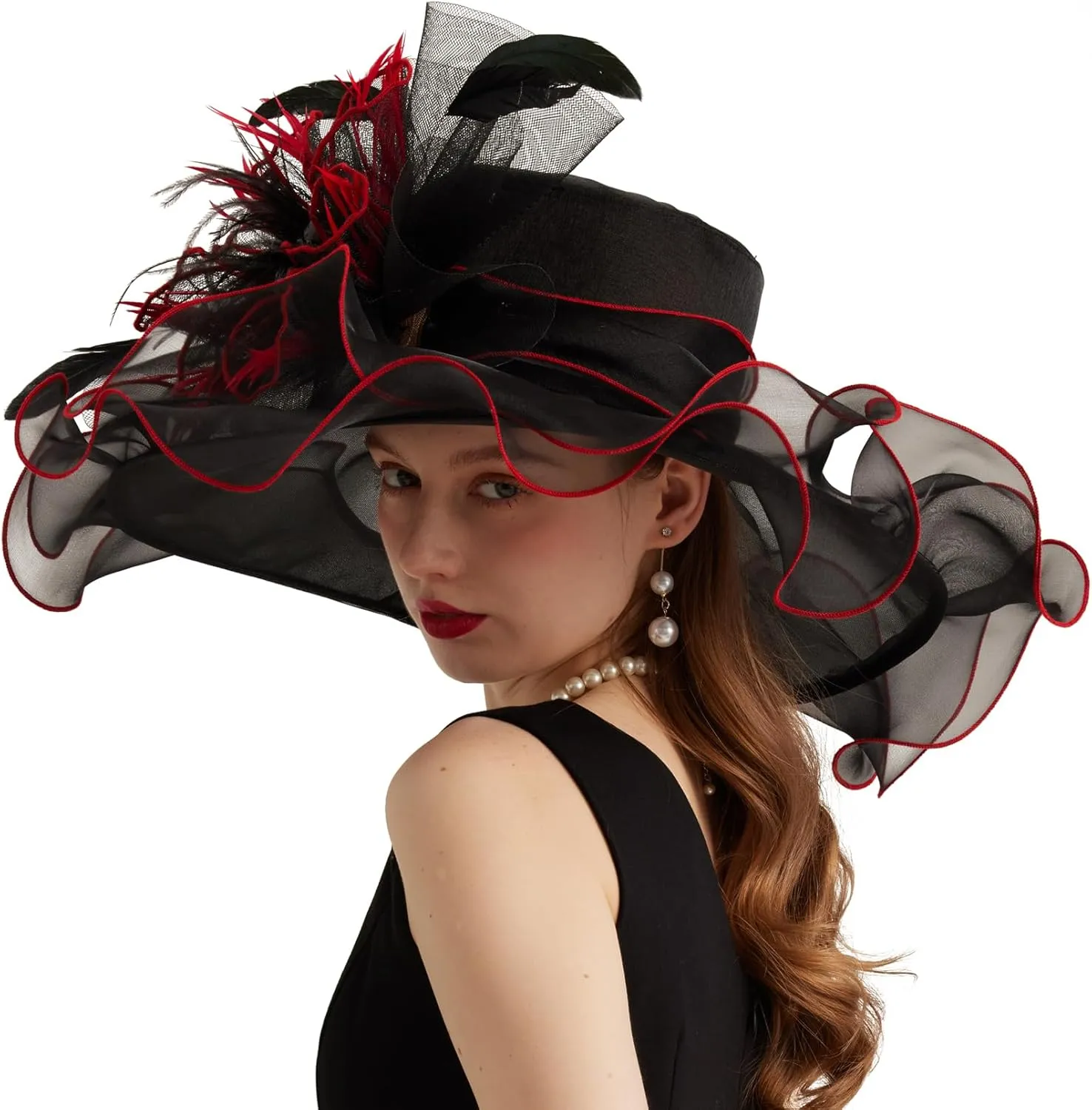 Women Organza Church Derby Hat Wide Brim Sun Caps for Wedding Tea Party Hat with Detachable hat Flower as Headgear