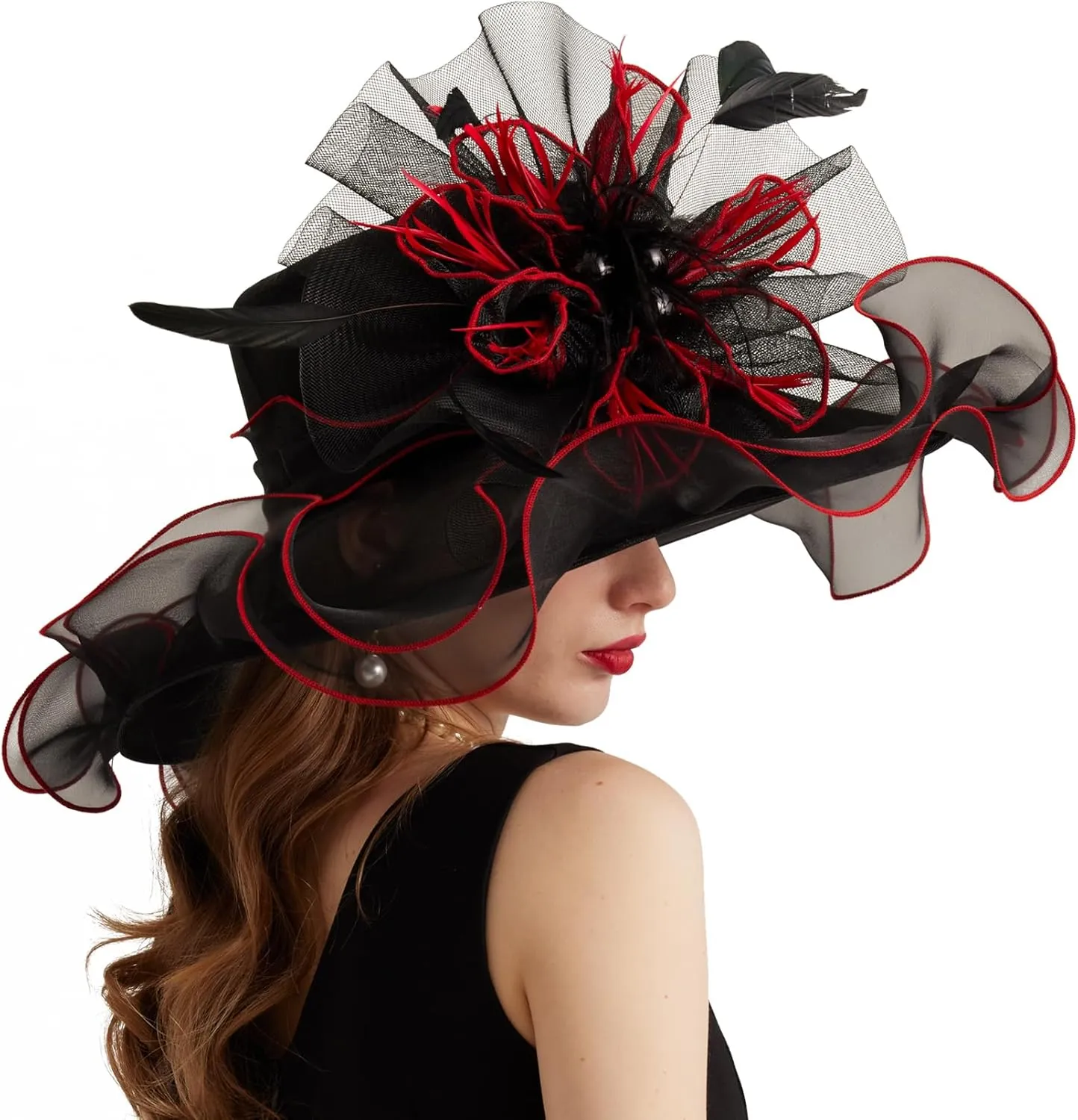 Women Organza Church Derby Hat Wide Brim Sun Caps for Wedding Tea Party Hat with Detachable hat Flower as Headgear