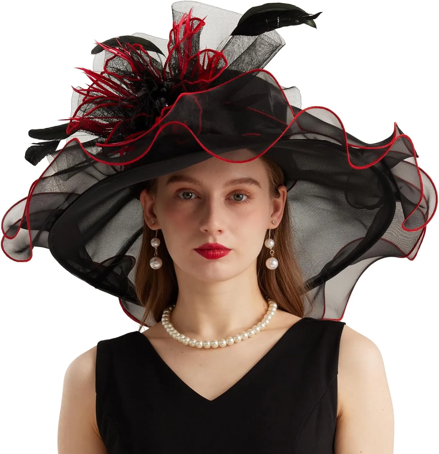 Women Organza Church Derby Hat Wide Brim Sun Caps for Wedding Tea Party Hat with Detachable hat Flower as Headgear