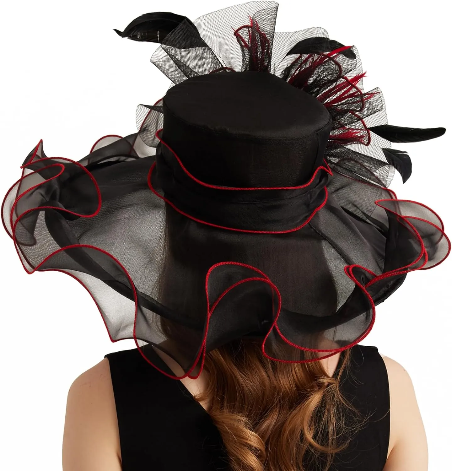 Women Organza Church Derby Hat Wide Brim Sun Caps for Wedding Tea Party Hat with Detachable hat Flower as Headgear