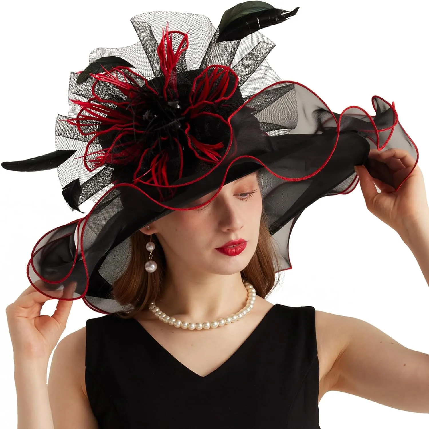 Women Organza Church Derby Hat Wide Brim Sun Caps for Wedding Tea Party Hat with Detachable hat Flower as Headgear