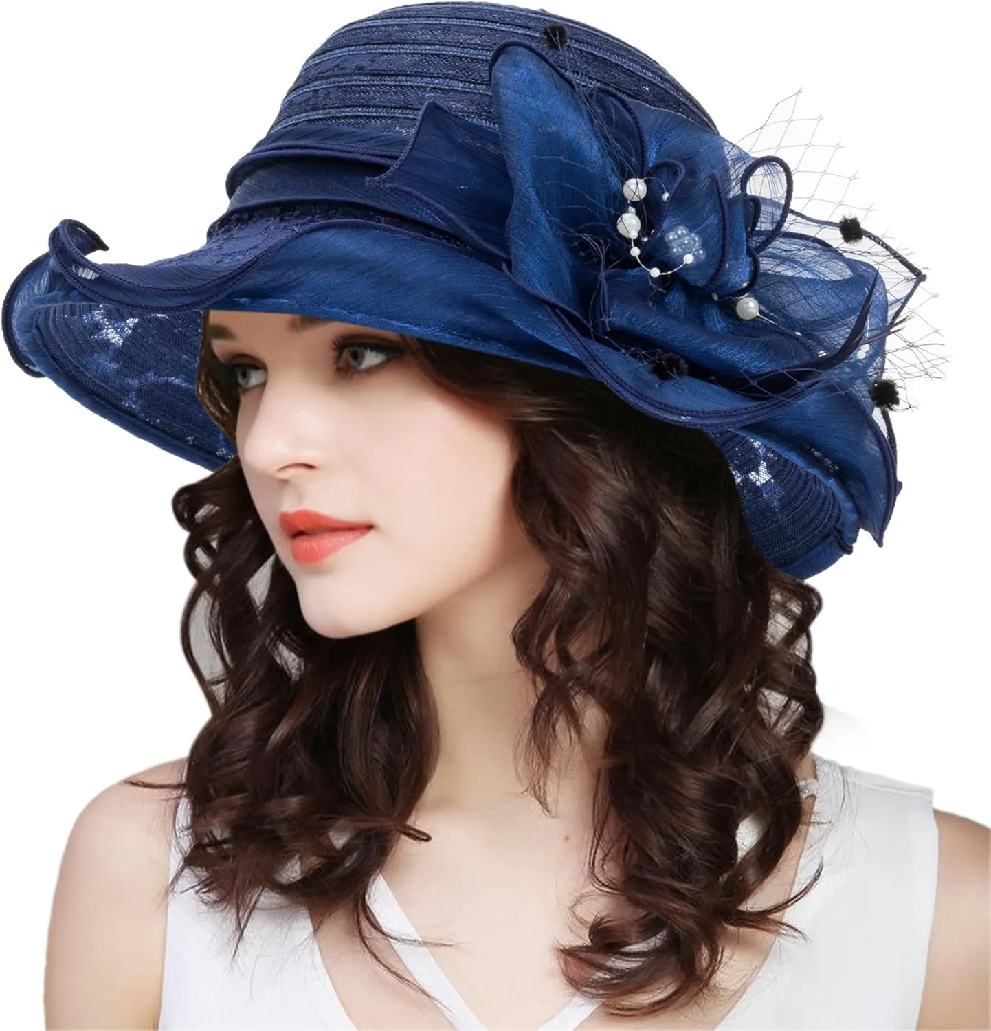 Women Wide Brim Organza Derby Hat Summer Sun Hat Fascinator Bridal Tea Party Wedding Hat