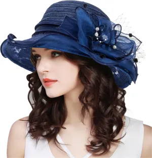 Women Wide Brim Organza Derby Hat Summer Sun Hat Fascinator Bridal Tea Party Wedding Hat